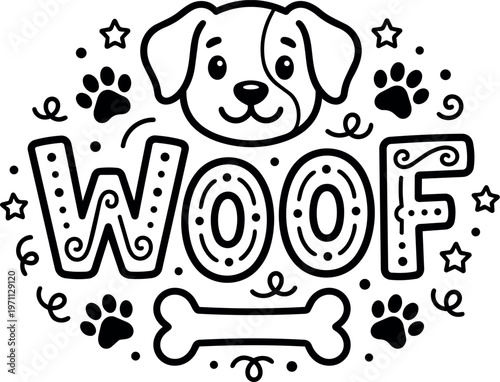 Black and white line art dog face with woof text and bone illustration