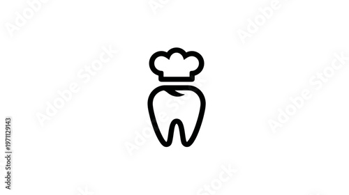 Creative line art icon of a tooth with a chef's hat, representing dental care, healthy eating, food, and oral hygiene concept