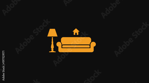 Orange graphic icon of a comfortable sofa, floor lamp, and small house symbol on a dark background, representing home and interior.