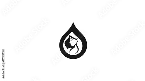 Elegant woman's profile within a black water drop, abstract beauty and skincare icon, perfect for wellness and hydration concepts.