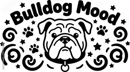 Black and white bulldog mood with paw prints and stars vector art