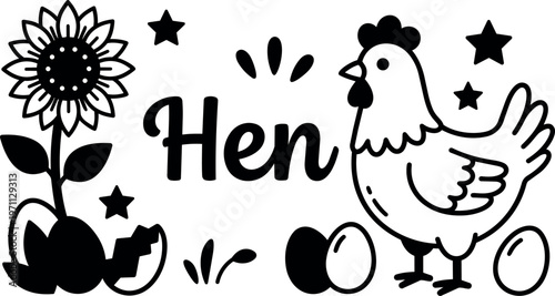 Black and white hen with eggs and sunflower line art vector