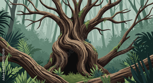 Ancient hollow tree with gnarled branches and green moss stands in the middle of a dense and mysterious jungle forest setting.