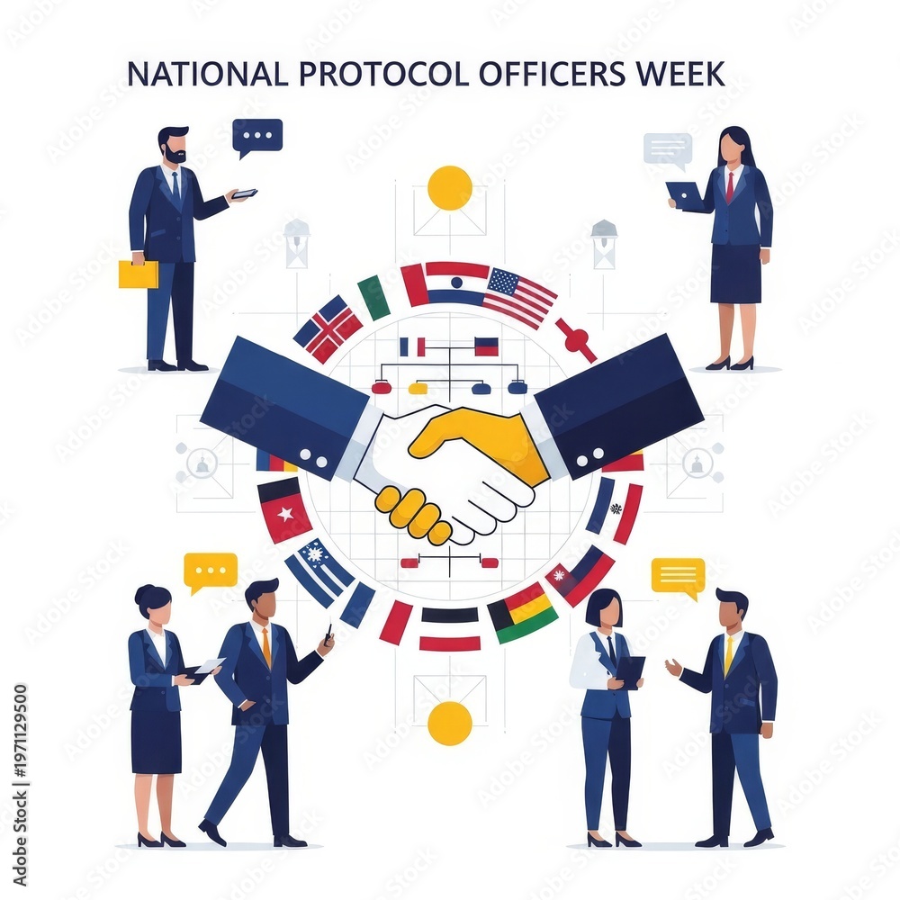 Naklejka premium National Protocol Officers Week handshake illustration with flags