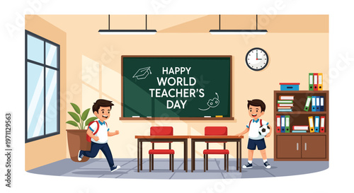 Two schoolboys in uniforms are seen in a classroom on World Teacher's Day, one running and one holding a soccer ball near desks.