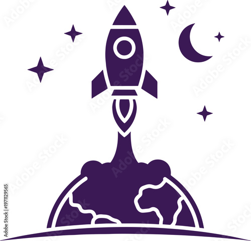 Purple rocket launching from the moon with stars and crescent moon in the background