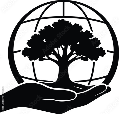 Environmental Conservation Concept with Hand Holding Earth Globe and Tree Silhouette