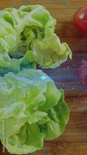 Vertical video: Camera pulling back, lettuce heads on board, tomato entering, HUD mapping food data