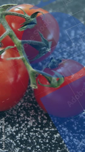 Vertical video: Cam panning past clove to sauce tomato filling spoon salting blue HUD over food ad