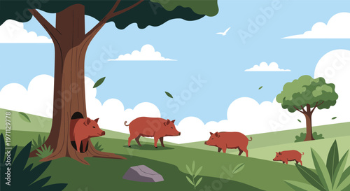 Group of wild boars roaming freely on a grassy hill with trees and a blue sky in a peaceful nature landscape scene during the day.