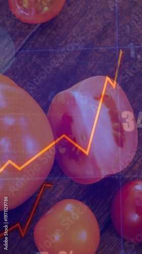 Vertical video: Orange line appearing on beat, tracing halved tomato and showing values for food