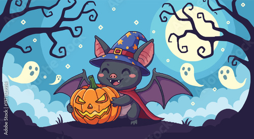Cute cartoon bat wearing a wizard hat and holding a carved pumpkin in a spooky graveyard with ghosts and a full moon for Halloween.
