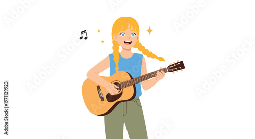 Happy blonde girl with braided hair playing an acoustic guitar and singing with musical notes and sparkles around her on white.