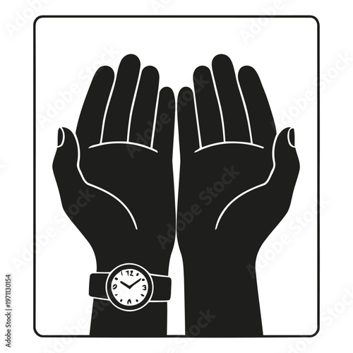 Cupped hands with a wristwatch with a graphic illustration of cupped hands