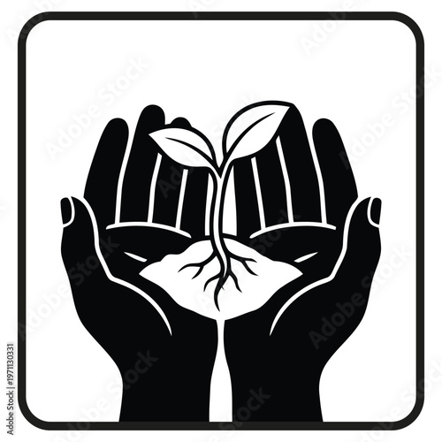 Hands nurturing a young plant sprout with roots, symbol of growth, black and whi