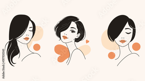 Set of 3 Abstract Female Faces Line Art Illustration