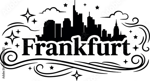 Black and white skyline of frankfurt city with decorative swirls and stars vector art