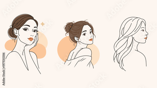 Modern Feminine Face Set of Three Illustrations