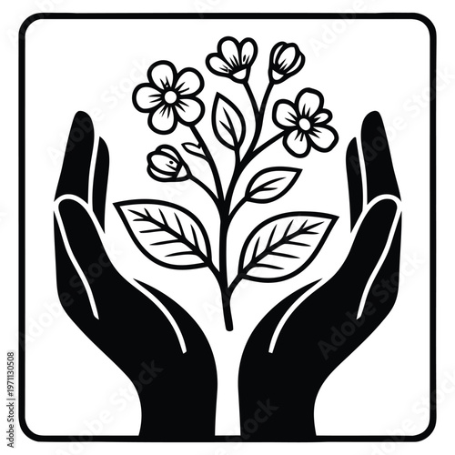 Konstfotografi Hands protecting flowering plant with blossoms, black and white illustration