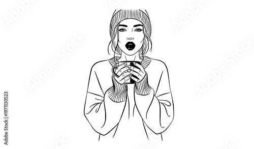 Minimal Line Art Woman Drinking Coffee, Hygge Mood Cozy Lifestyle Illustration