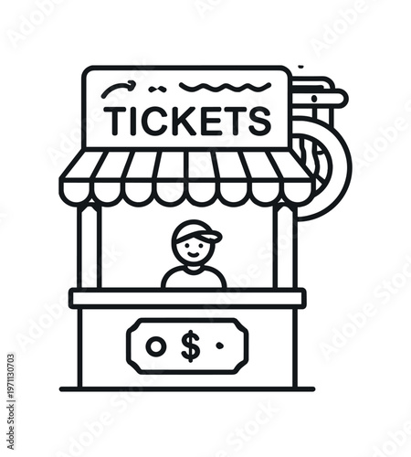 Ticket booth icon. tickets, box office, kiosk, cashier, admission, fair, carnival, sales. line and flat vector illustration.