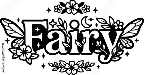 Fairy lettering with wings floral leaves stars and crescent moon black and white vector art