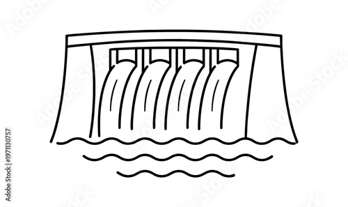 Hydroelectric dam icon. dam wall, spillway, water flow, reservoir, hydro power, floodgate, energy infrastructure. line and flat vector illustration.