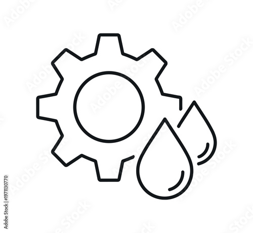 Gear and water drops icon. gear, settings, lubrication, coolant, oil, machinery. line and flat vector illustration.