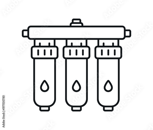 Water filtration system icon. water purifier, filter cartridges, reverse osmosis, clean drinking water, home filtration, plumbing. line and flat vector illustration.