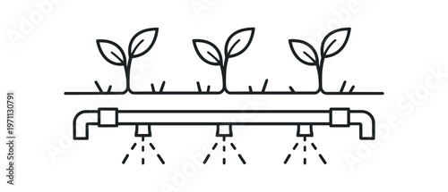 Irrigation sprinkler system icon. crop watering, agricultural irrigation, greenhouse watering, garden sprinkler, drip and spray. line and flat vector illustration.