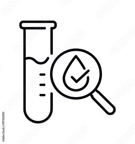 Test tube with magnifying glass and water drop check icon. water testing, laboratory analysis, quality control, sample inspection. line and flat vector illustration.