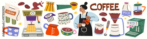 Vector flat illustration set of coffee drinks, equipment, ceramic mugs and barista. Hand drawn cozy beverage elements for stickers, labels, scrapbooking