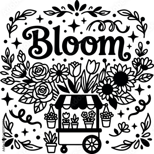 Bloom lettering with floral wreath and flower cart vector art black and white