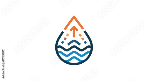 Water droplet icon with upward arrow and waves, symbolizing water resource management, purification, sustainability, and growth.
