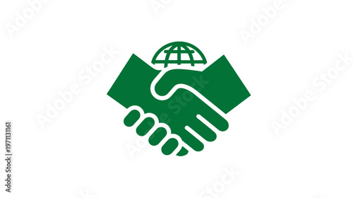 Green Global Handshake Icon Symbolizing International Partnership, Business Cooperation, and Worldwide Agreement