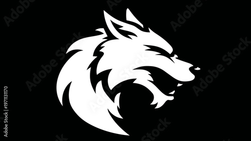 Stylized white wolf head emblem on a black background. Fierce, aggressive canine mascot graphic design element or symbol.
