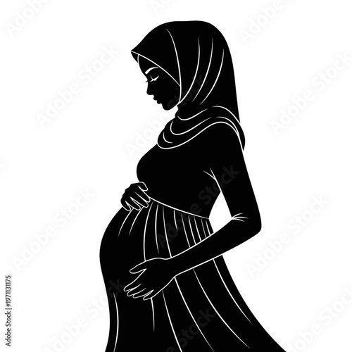 Pregnant Muslim Woman in Hijab Silhouette.