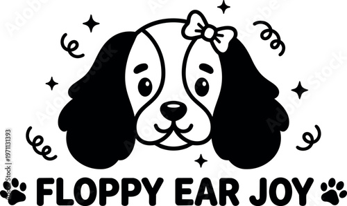 Black and white floppy ear dog face with bow and floppy ear joy text vector art