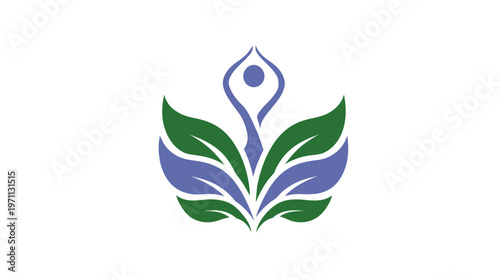 Yoga Wellness Meditation Icon. Stylized Human Figure with Green and Purple Leaves. Nature, Health, Balance, and Spiritual Growth Vector Graphic.