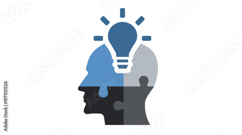 Creative idea generation concept with human head silhouette made of puzzle pieces and glowing lightbulb, representing innovation and solutions.