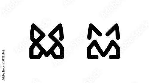 Abstract geometric symbols with stylized initial letter M and intertwined letter forms. Modern minimalist black line art design concept.