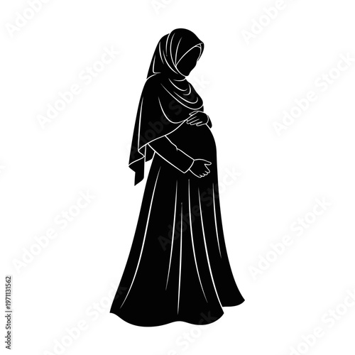 Pregnant Woman Wearing Hijab Silhouette Portrait.