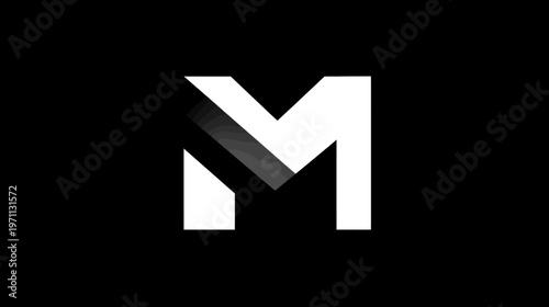 Modern minimalist white letter M graphic design element with a subtle dark diagonal shadow on a solid black background