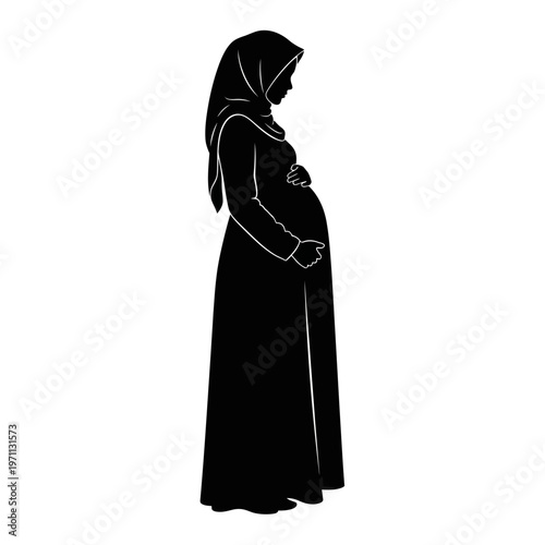 Pregnant Woman Wearing Hijab Silhouette Profile.