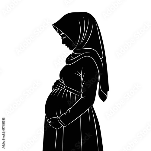 Pregnant Woman Wearing Hijab Silhouette Portrait.