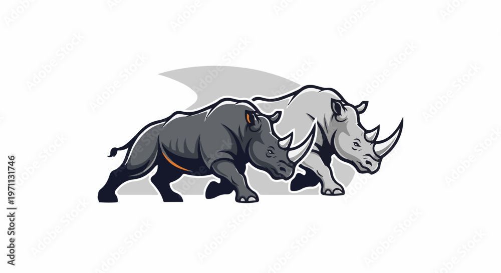 Fototapeta premium Two powerful rhinos charging forward, stylized, against a light background