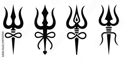 Black Hindu trident and damaru drum silhouette vector set showcasing traditional symbols linked to Lord Shiva, presented as bold black silhouettes on white background, ideal for meditation visuals