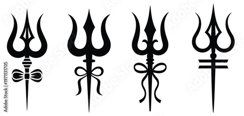 Black Hindu trident and damaru drum silhouette vector set featuring ethnic religious symbols associated with Lord Shiva, isolated on a white background, designed in a clean and minimal style suitable 