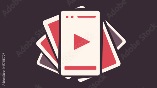 Mobile video player screen with play button and stacked content cards in modern flat design illustration for streaming media