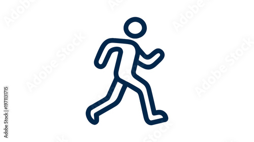 Simple blue outline icon of a person running, jogging, or walking. Graphic representation of movement, activity, fitness, and exercise.